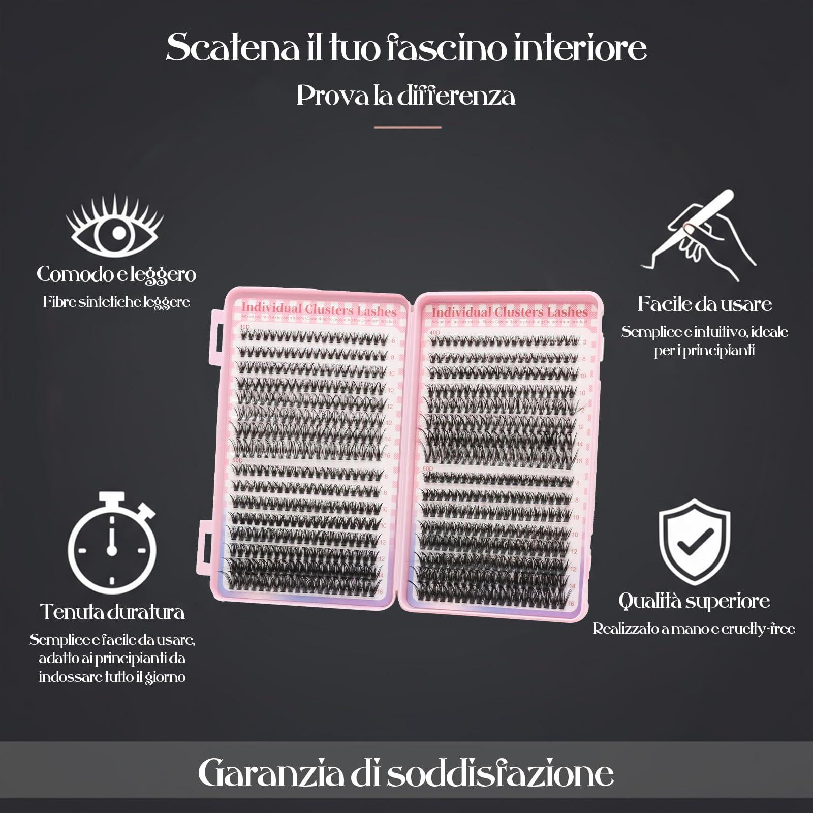 VEGCOO 640 Pezzi Ciglia Finte Extension Ciglia, 30D-40D-50D-60D Curl Ciglia Finte Ciuffetti, 8-16mm Kit di Extension per Ciglia, DIY Eyelash Extension per Ragazze e Donne Principianti