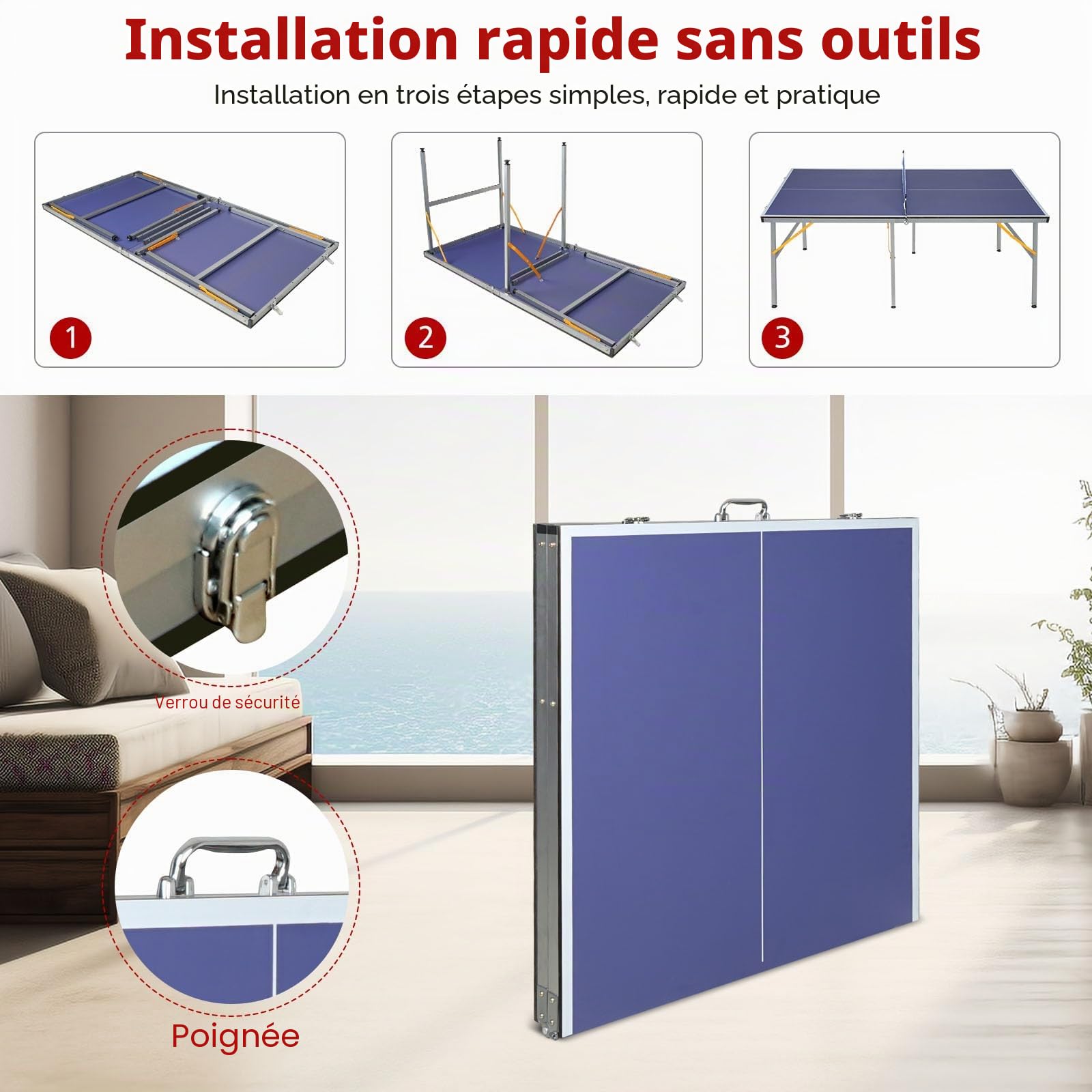 Tables de tennis de table de taille moyenne pour l'intérieur et l'extérieur, pliables et portables avec filet, 2 raquettes de tennis de table et 3 balles