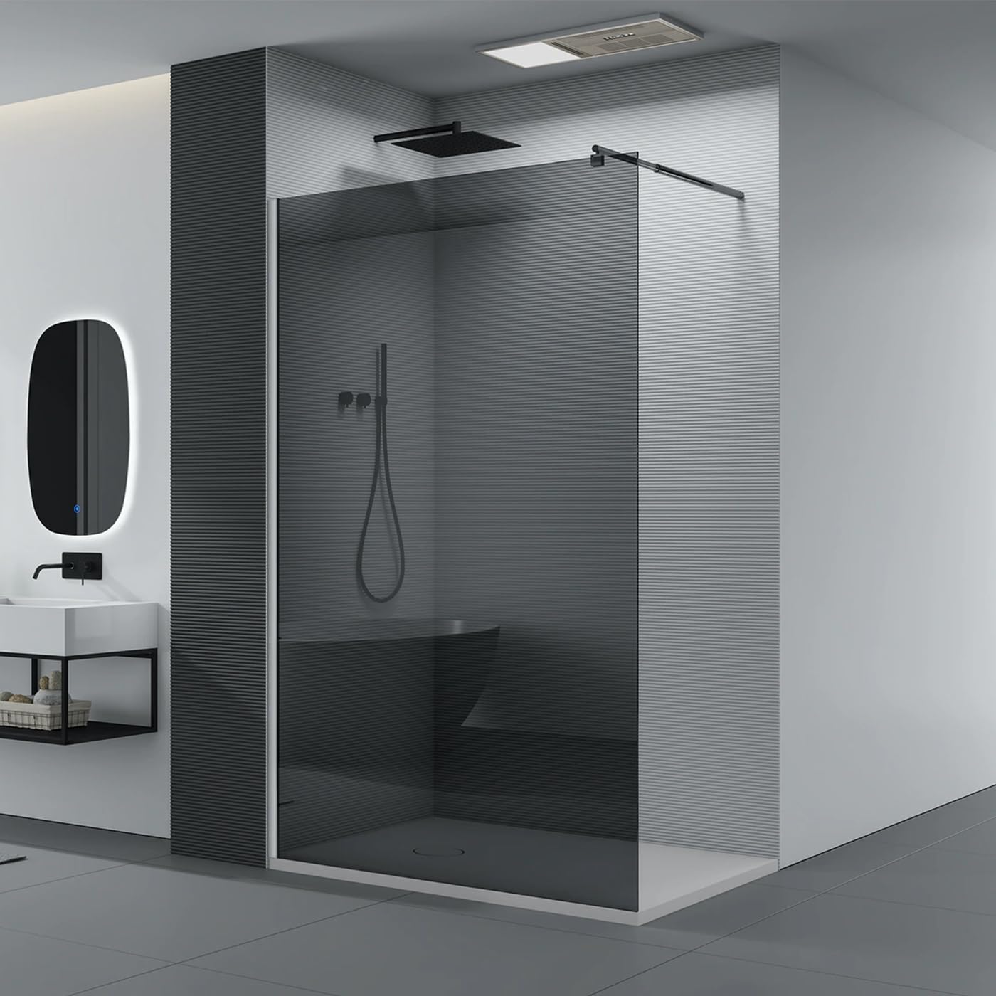 BERNSTEIN Duschwand 120 x 200 cm Glas Duschabtrennung Walk-In Dusche Nano ESG Echtglas Duschtrennwand EX101 graues Glas