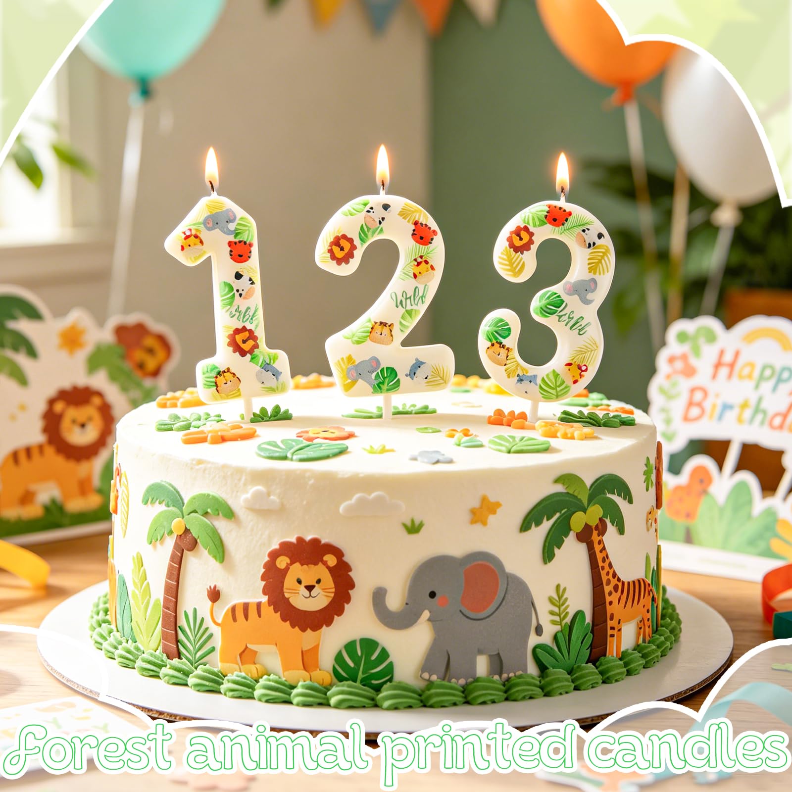 Yiran Safari Animal Number 2 Birthday Candle, Wild One Jungle Themed Cake Topper, Tropical Palm Leaf Party Decorations for 2nd Birthday Boys Girls Baby Shower — view 5