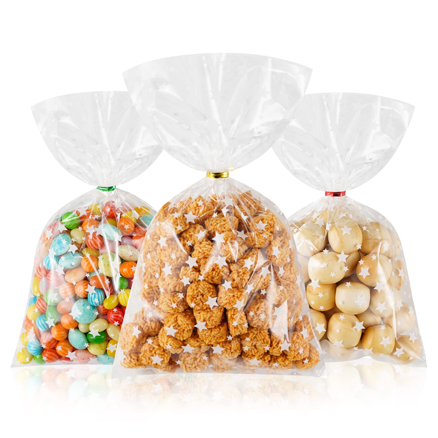 ZIMCEMS Zellophan-Geschenktüten, 15,2 X 22,9 Cm, Transparent Mit Sternen – 100 Stück Inkl. Bindebänder