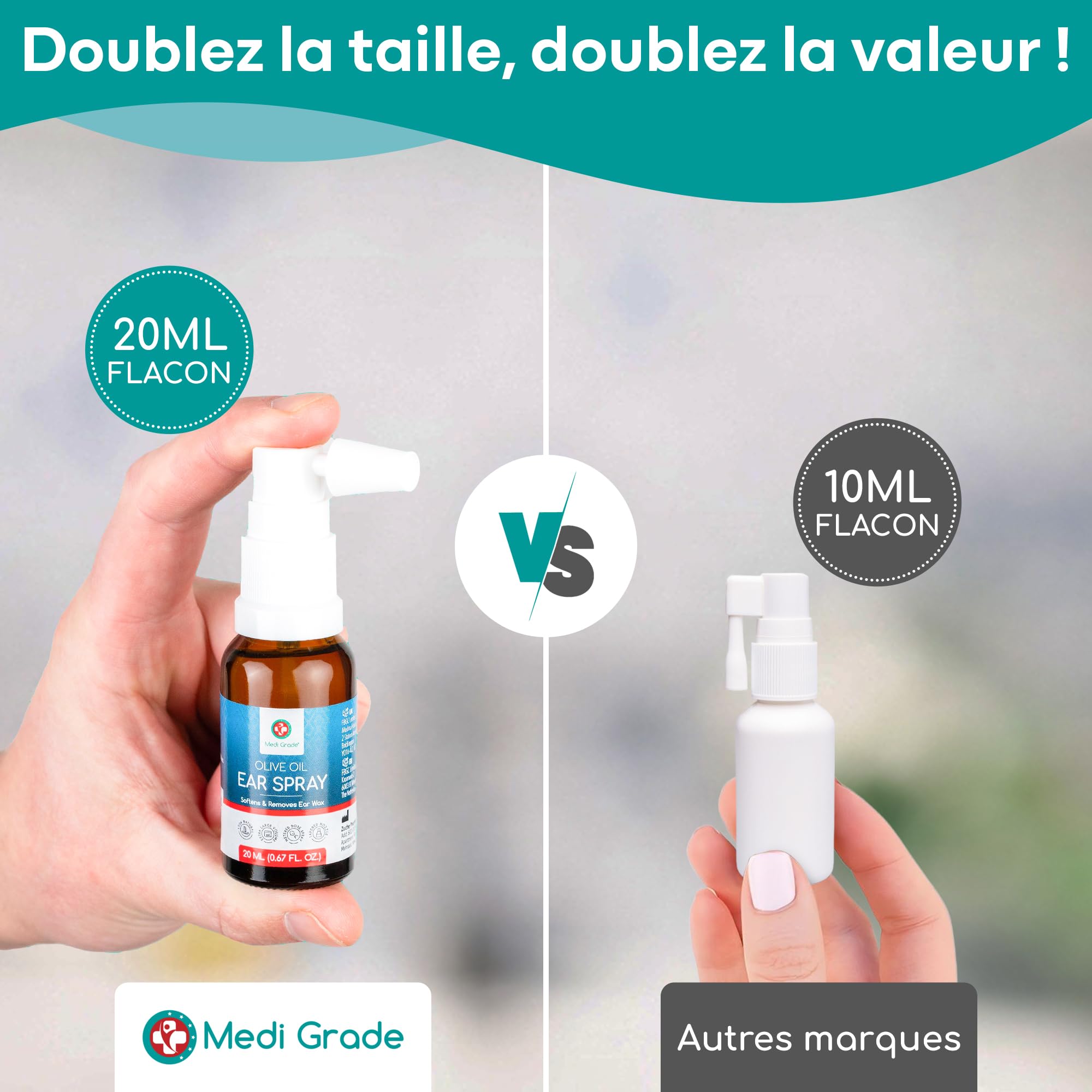 Medi Grade Spray d'Huile d'Olive pour Oreilles Bouchées 20ml – Auriculaire 100% Naturel qui Adoucit, Élimine l'Accumulation de Cérumen – Plus de 50 Vaporisations, Nettoyant