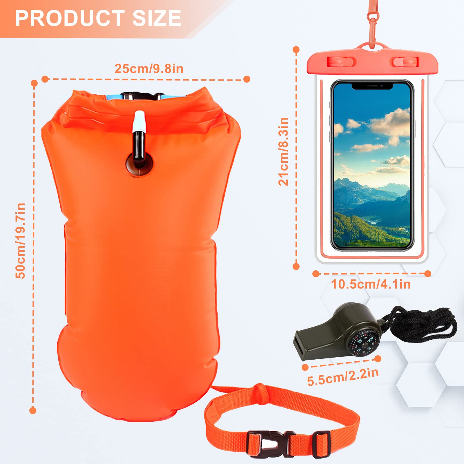 Bouée de natation 20 l pour adultes et enfants - Bouée de natation gonflable avec poche étanche pour téléphone portable et sifflet de sauvetage - Bouée de natation pour nageurs, eau ouverte et
