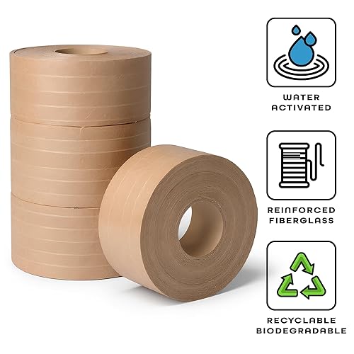 Vista 2 de Paquete de 8 cintas de papel Kraft RecyKra de 375 pies activadas por agua, reforzadas, industriales, ecológicas, biodegradables, ecológicas