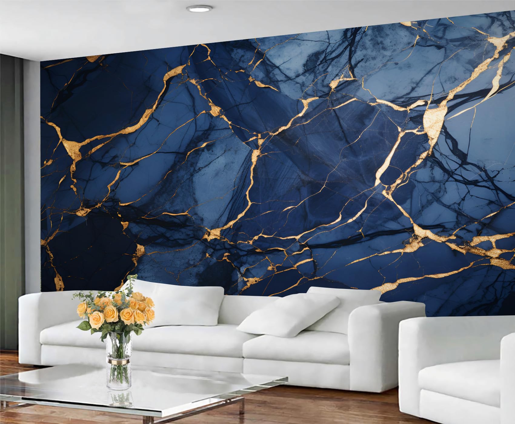 YXQAIED Marble Wallpaper, Blue Marble Bedroom Wallpaper, Navy Blue Wall Paper for Living Room, Not Self Adhesive Abstract Gold Photo 3D Wall Murals & Room Decor, 100x70cm