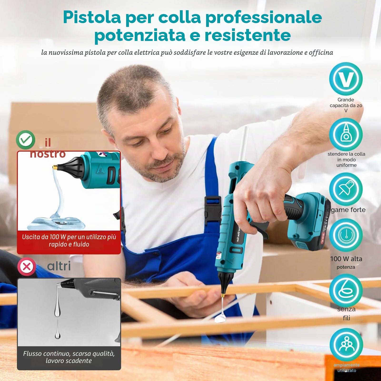 Pistola per Colla a Caldo a Batteria da 100 W Senza Fili con Batteria da 21 V, 2000 mAh con 12 Bastoncini di Colla, Pistola per colla a Caldo per Fai da Te, Artigianato e Riparazioni Rapide