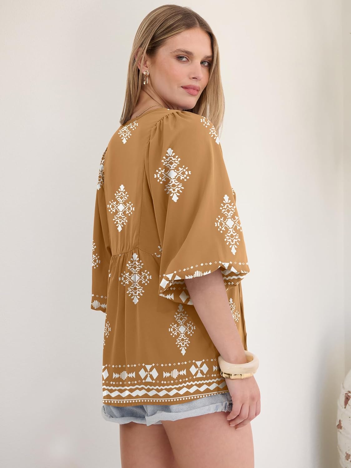 Caracilia Womens 3/4 Sleeve Blouse V Neck Boho Dress Tops Flowy Casual Dressy Shirts Beach Vacation Clothes Spring Outfits - Image 5