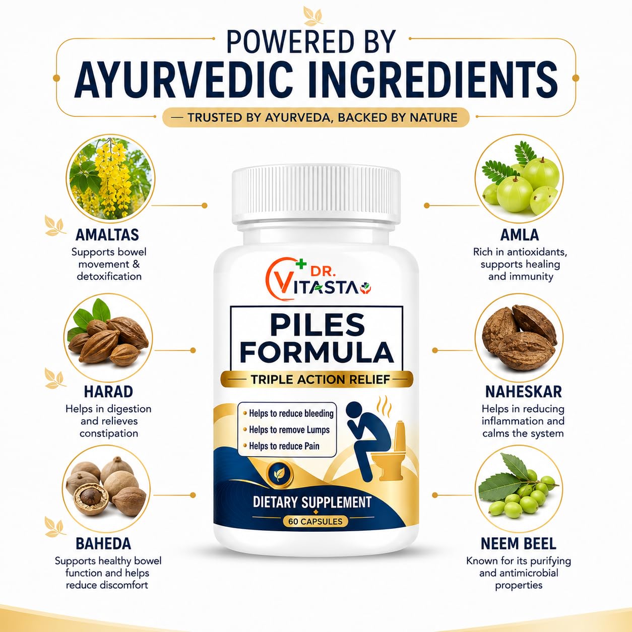 Dr Vitasta Piles Formula Capsules | Reduces Bleeding, Lumps & Pain | Amaltas, Triphala, Nagkesar, Ritha | 50 Capsules — Amazon image 4