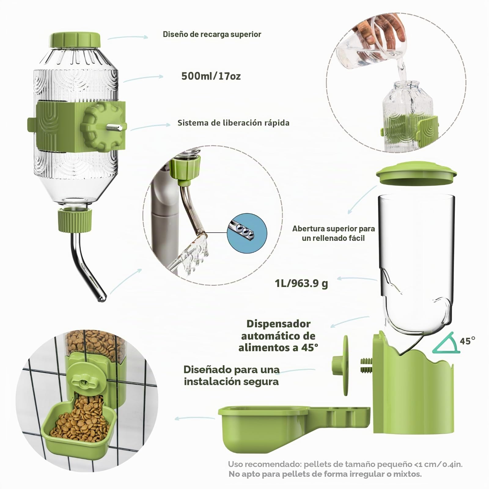 Dispensador automático de Comida y Agua para Mascotas, comedero Colgante para Jaula, comedero para Cachorros, Gatitos, Conejos, cobayas, Chinchillas, Hurones y erizos (Verde)