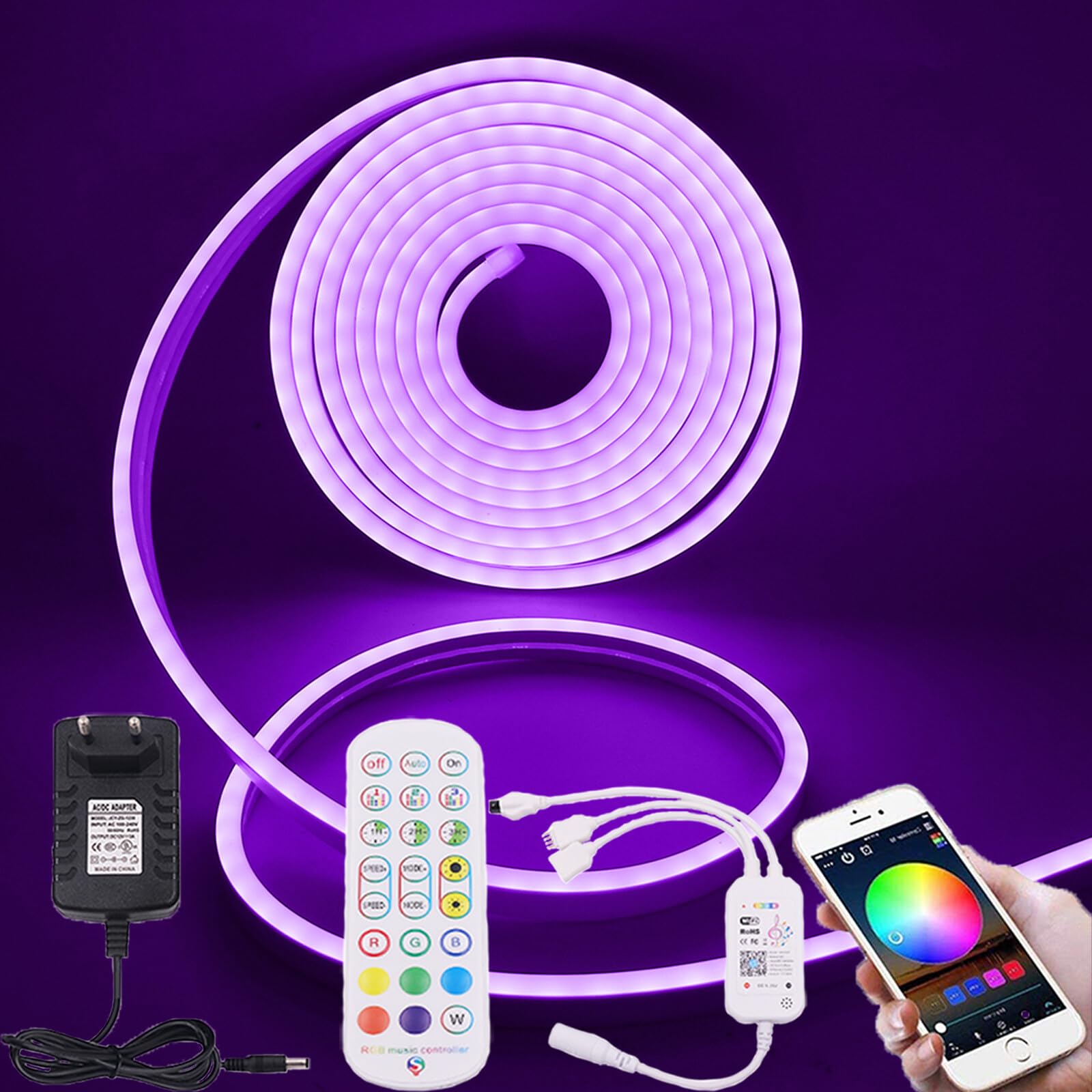 Striscia LED Neon RGB 12V, Striscia LED Flessibile Impermeabile IP65 con Controller IR Graffiti WIFI Music Sync, Adatta per Feste, Sala Giochi, Interni ed Esterni [5M]
