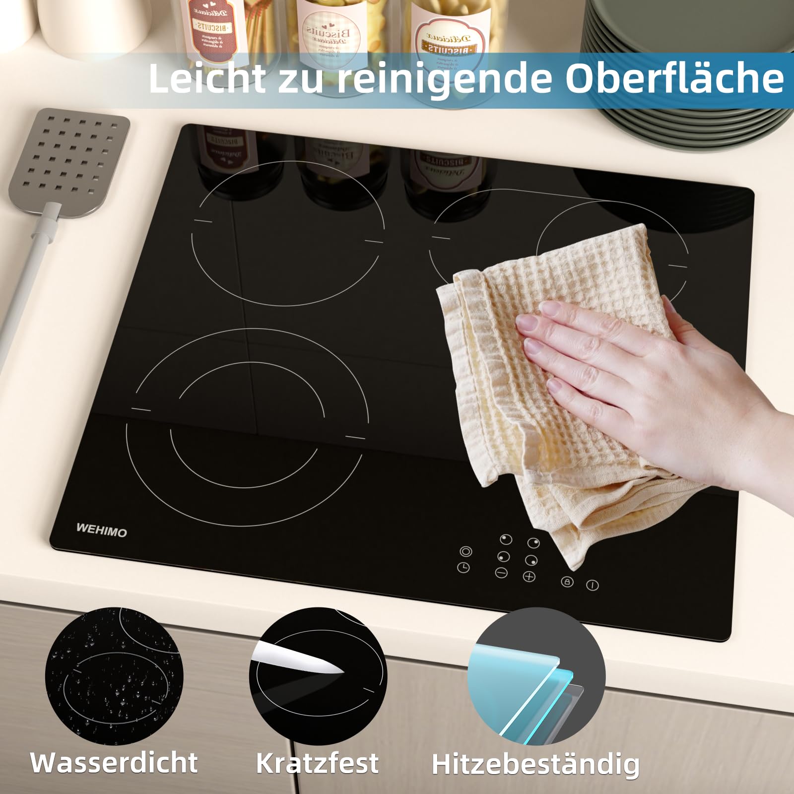 Glaskeramikkochfeld 4 platten, WEHIMO Glaskeramikkochfeld 60cm, 7200W, 4 Kochzonen mit dualkochzone, 9 Stufen, Kindersicherung, Timer, Einbau Rahmenlos Keramikkochfeld, Geeignet für Alle Töpfe
