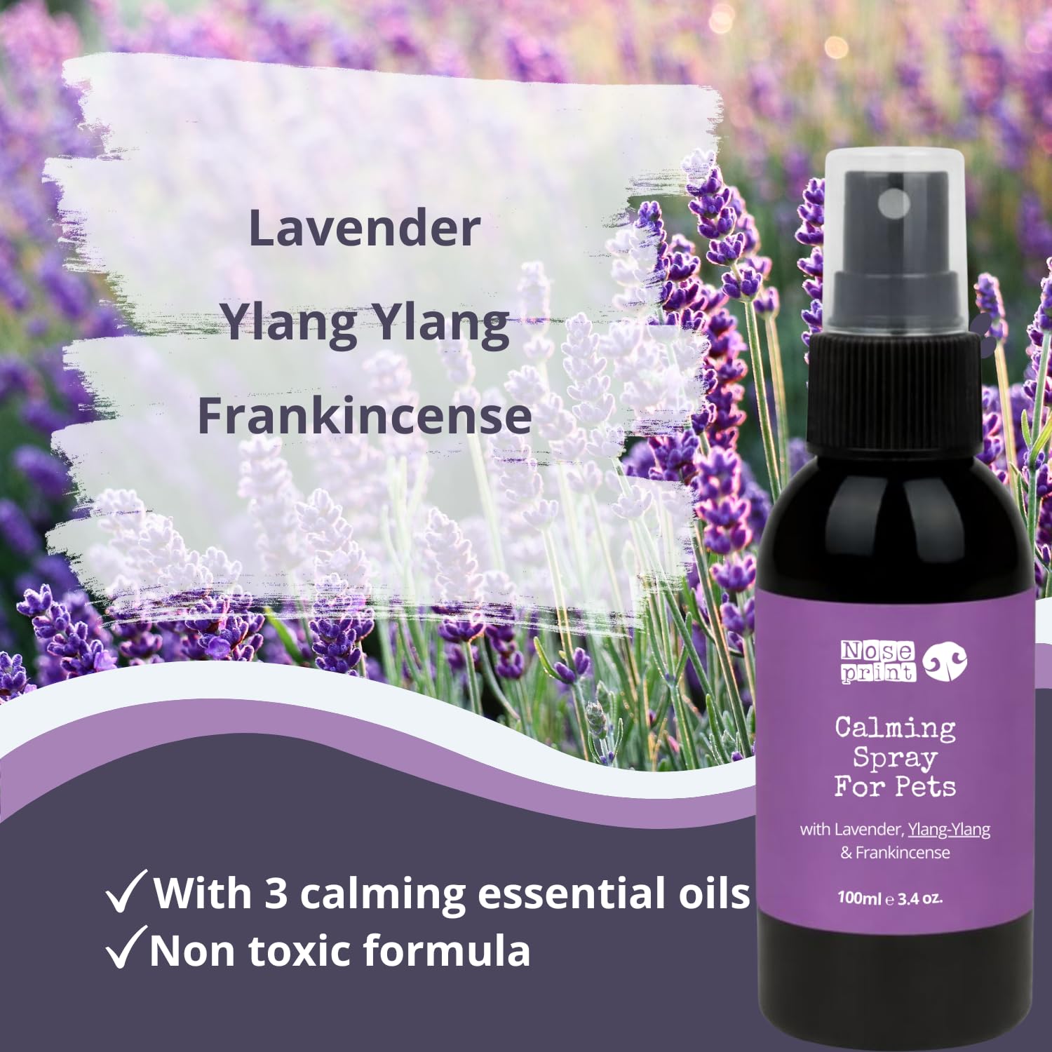 Spray apaisant naturel pour chiens et chats, lavande ylang-ylang, encens, spray d'intérieur sans danger pour les animaux de compagnie, 100 ml