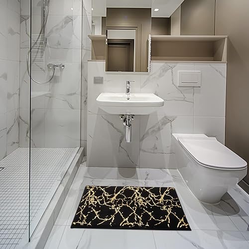Miniatura 2 de QJHOMO Alfombra de baño de mármol negro y dorado, alfombra de baño antideslizante, alfombra de baño súper absorbente, alfombra de baño de microfibra