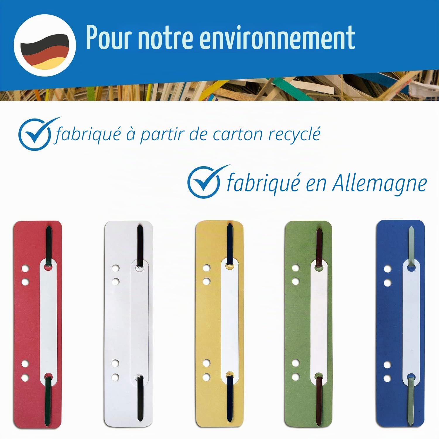 Lot de 250 Bandes agrafeuses Recyling en 5 couleurs, Attaches de classement différentes couleurs disponibles, bandes d'agrafage en carton, 10 paquets de 25
