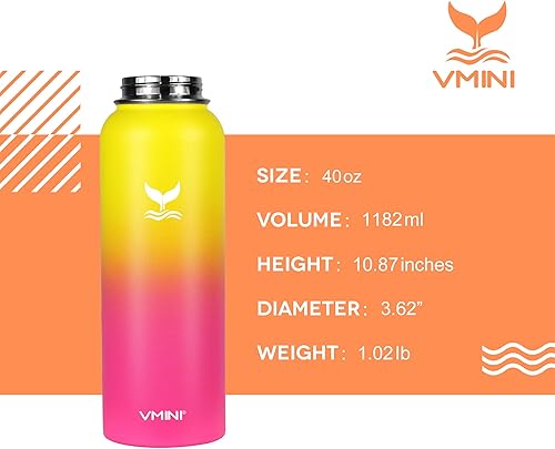 Miniatura 5 de Vmini - Botella de agua de acero inoxidable 188 de boca ancha con aislamiento al vacío y con tapa de popote, 12 18 24 32 40 64 oz
