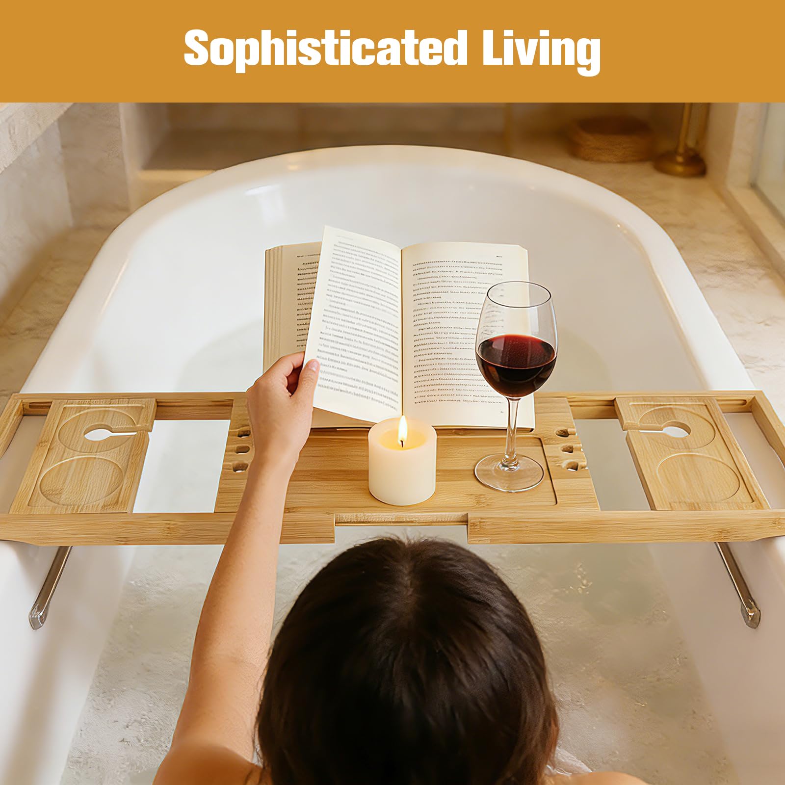 Bandeja extensible de bambú para bañera, ajustable, 70-91 cm de ancho, con soporte para bebidas, color madera natural