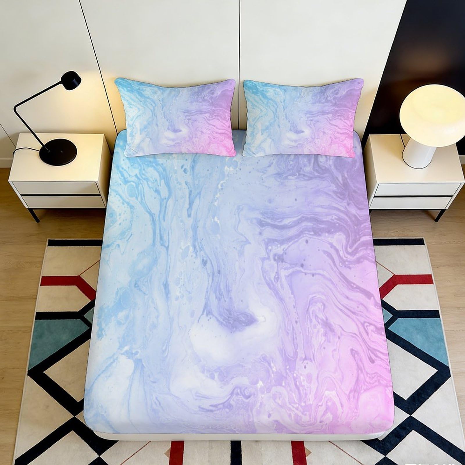 3D Printed Marble Blue-Pink Fitted Sheet Microfiber Soft Breathable Pastel Swirl Bed Cover for Bedroom Dormitory Guest Room Mattress Protection Decor 160x200x25cm