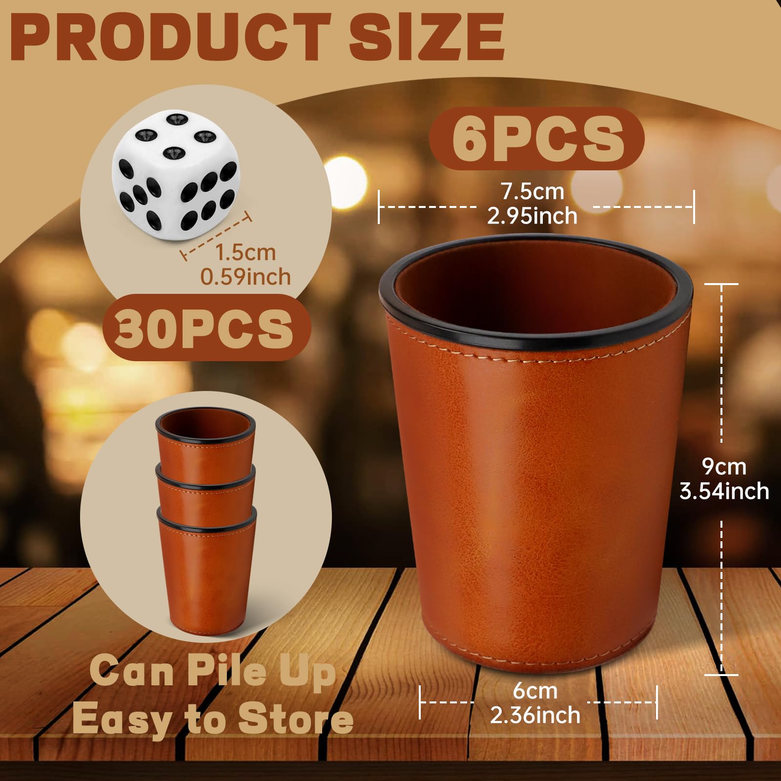 6 Pezzi Set di Tazze per Dadi, Coppetta per Dadi in Pelle Set, Tazze di Dadi in Pelle PU con 30 Dadi ideali, Tazza di Dadi in Pelle Insonorizzata per Viaggi