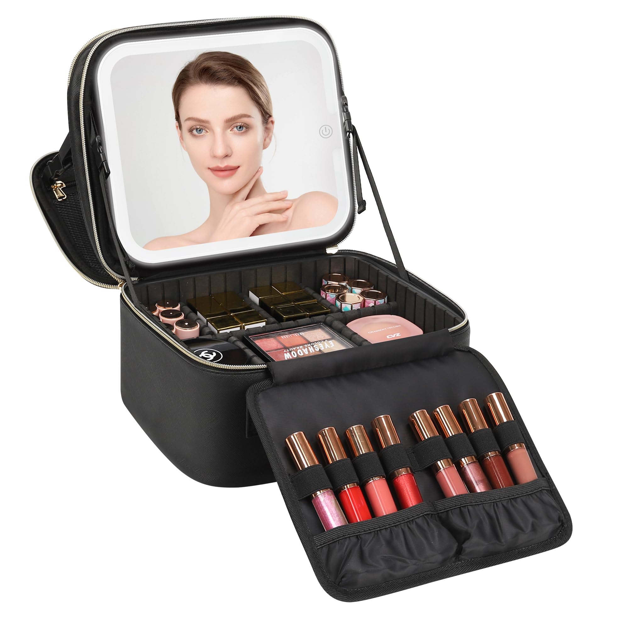 Relavel Beauty case con specchio a LED, piccola custodia da viaggio con specchio illuminato ricaricabile, 3 luci colorate, scatola cosmetica a doppio strato, organizer per pennelli da trucco, rossetto