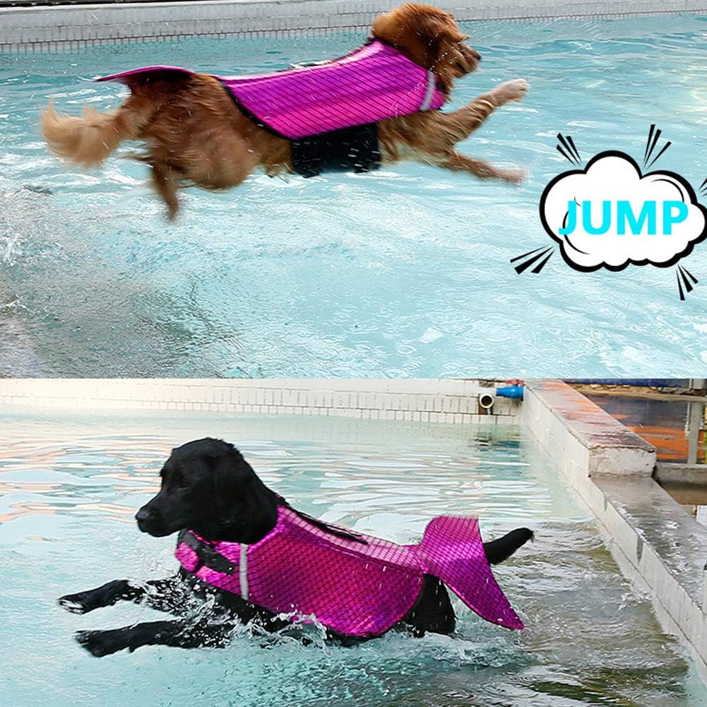 Dog Life Jacket Pet Floatation Reflective Vest Dog Lifesaver Dog Life Preserver for Doggie Swimming Mermaid Safety Device with Rescue Handle and Adjustable Belt for Swimming Boating & Canoeing