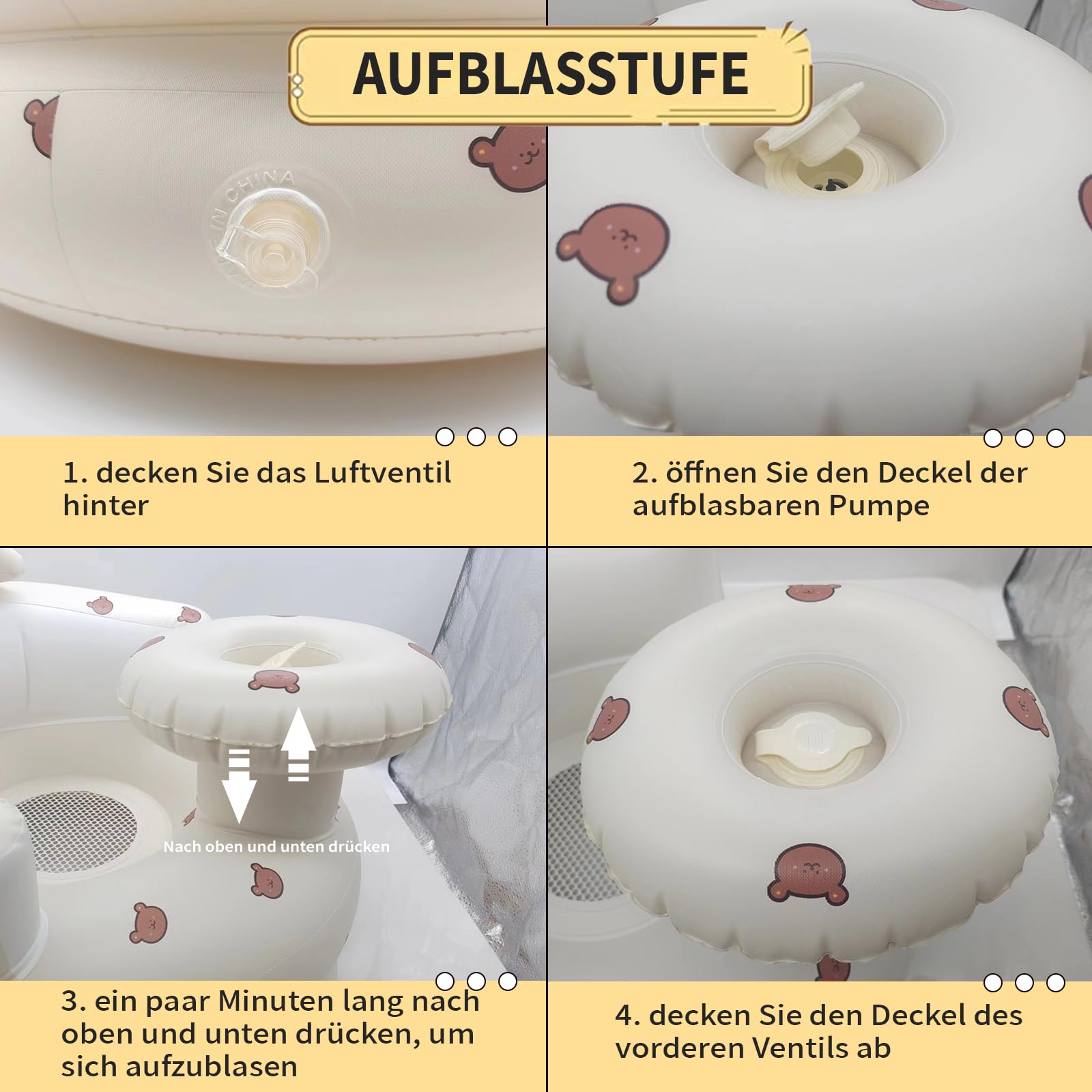 Aufblasbarer Babysitz für Babys 3 Monate und höher, aufblasbare Babystuhl, Sit-Me-up-Babybodenstuhl aufblasbarer Stuhl für eingebaute Babypumpe, Babystuhl mit Rückenunterstützung (Bärchen)