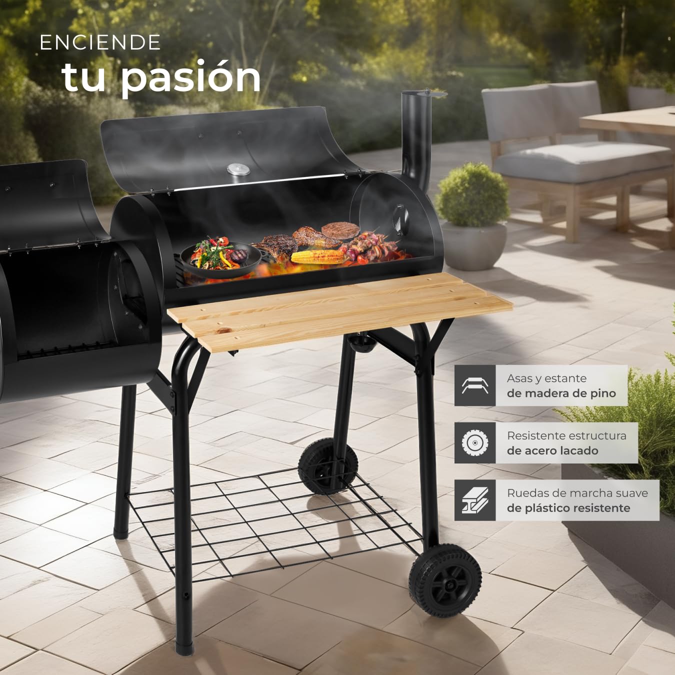 TecTake® Barbacoa de Carbón con Ahumador y Ruedas, Parrilla Acero Inoxidable, Termómetro Incorporado, Estructura Estable Móvil, BBQ Grill Exterior Grande con Tapa, Asador para Jardín, Camping