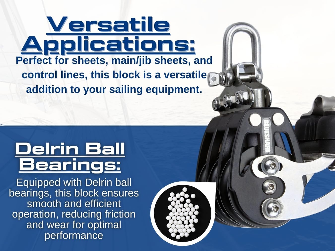 Blue Shark 2261-38 mm Fixed Triple Adjustable Cam Aluminum Sailing Block - Max Line: 1/4” (6 mm), Safe Working Load (SWL): 1700 lbs, Breaking Load: 3700 lbs