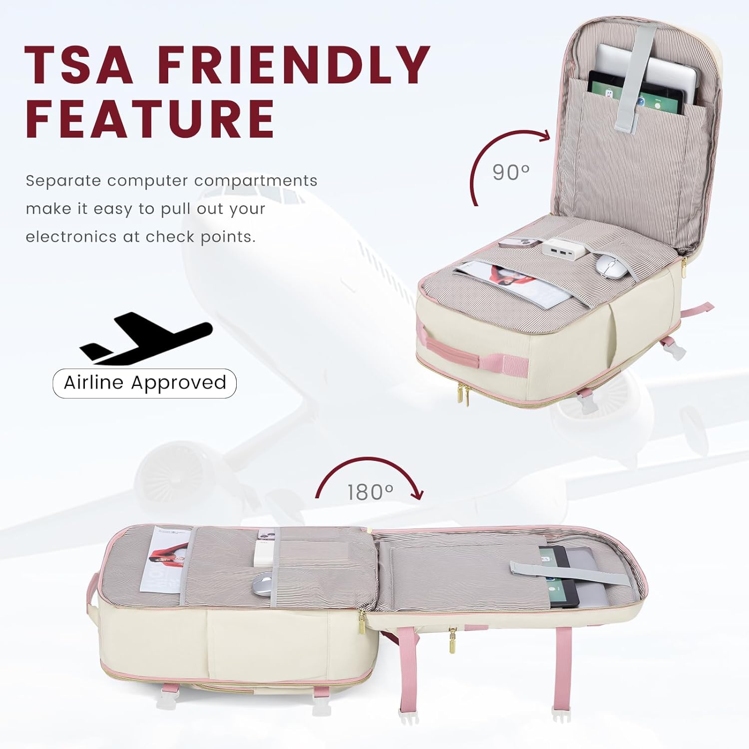 LOVEVOOK 40L Large Travel Backpack for Women Men, 17 Inch Carry on Backpack for Traveling on Airplane, Personal Item Travel Bag Airline Approved, Business Causal Weekender Backpack, Beige-Pink - Image 7