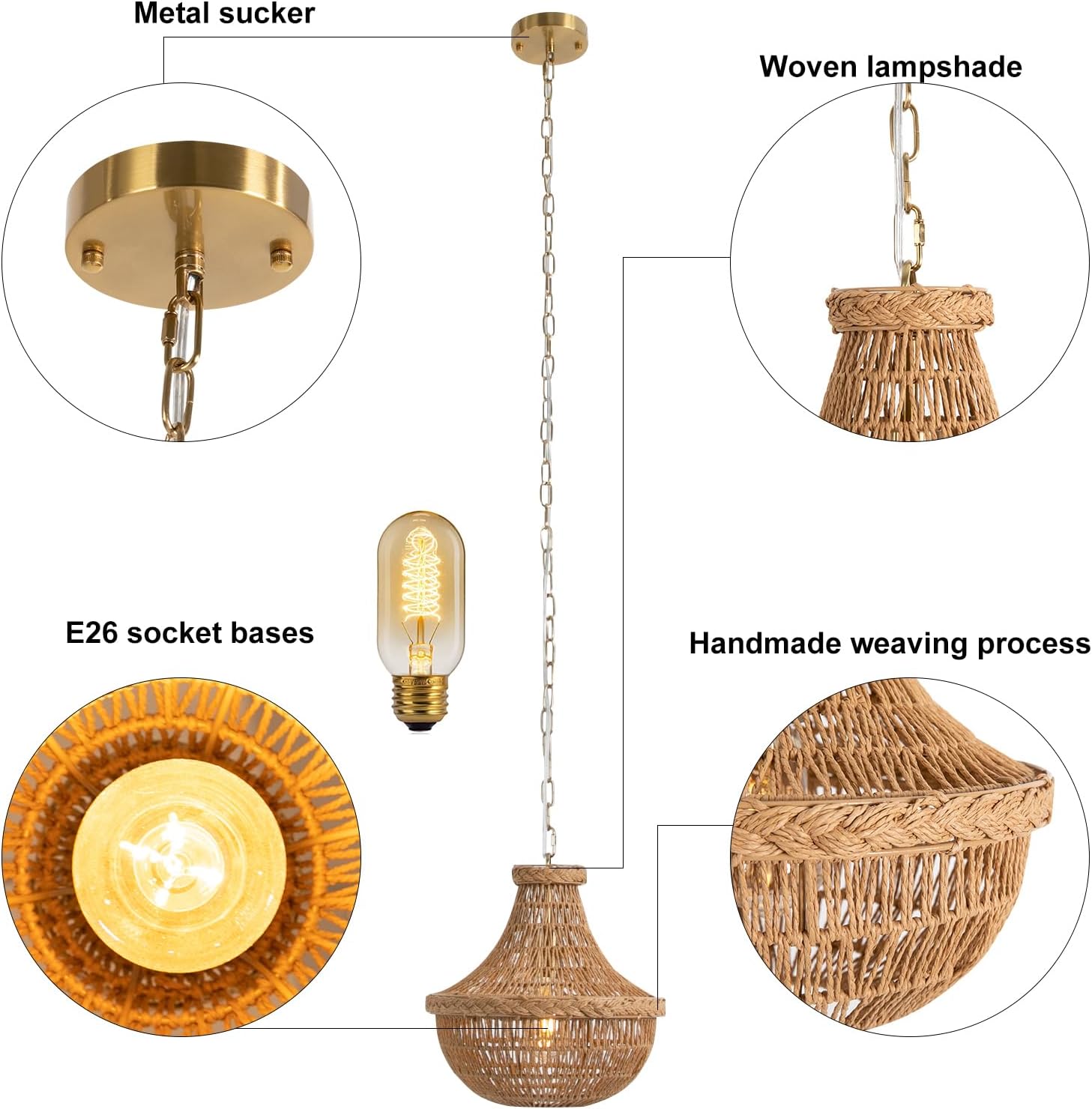 Eapmic Hand-Woven Bamboo Pendant Light, Lantern Lamp Rattan Single Light Weaving Natural Wooden Ceiling Hanging Fixture with Adjustable Cord for Kitchen Dining Living Room Restaurant Farmhouse (Vase)
