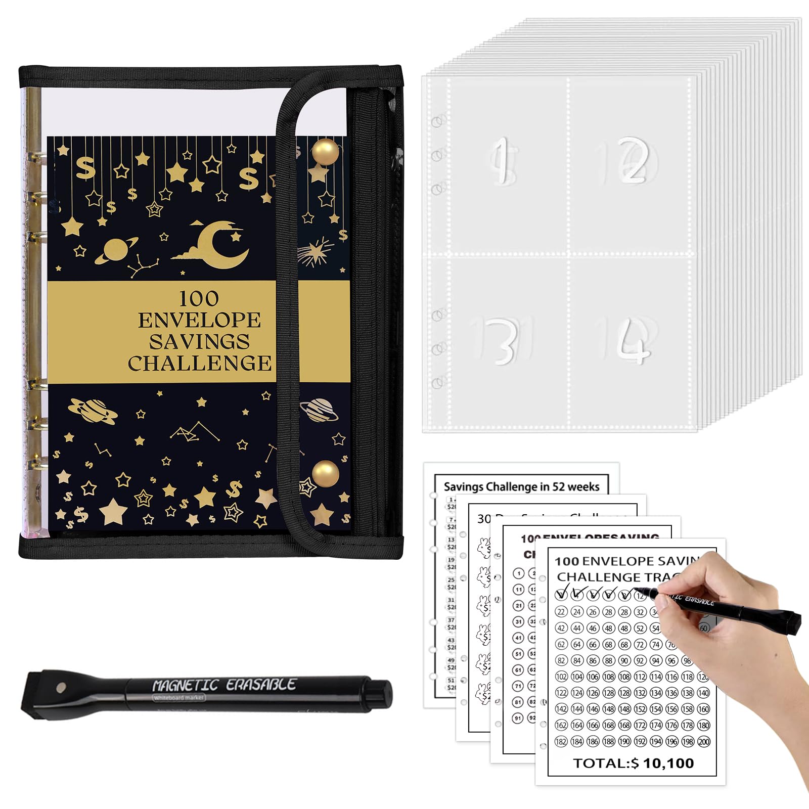 100 Envelopes Money Savings Challenges Book with Envelopes, 100 Day Challenge Money Saving Budget Binder, Motivational Process to Save $5050,10,100, 10,000, 500 (Black-PVC)