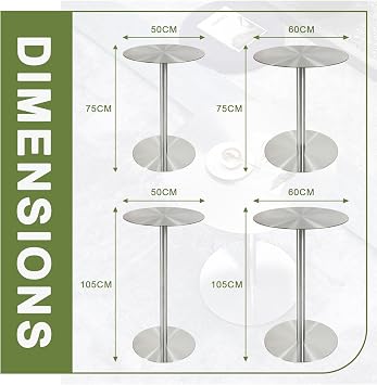 Round Bar Height Cocktail Table with Sturdy Base, Tall Pub Bistro Table, Stainless Steel Conference Table Coffee Meeting Table, Indoor/Outdoor Restaurant Tables(Size:60x60x105cm)