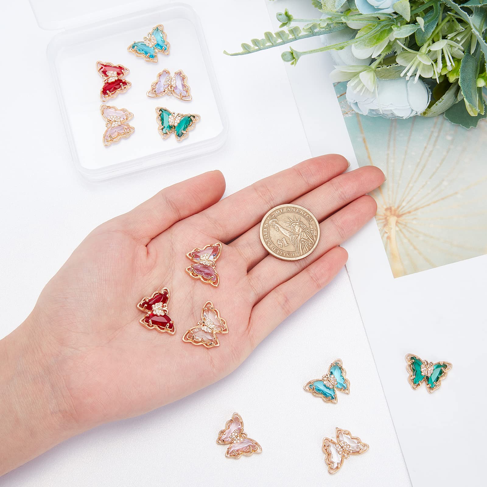 nbeads - Colgante de mariposa de cristal, 12 unidades, 6 colores, colgante de mariposa de latón, micro pavimento claro, circón cúbico, colgante para collar, pulsera y pendientes, fabricación de joyas