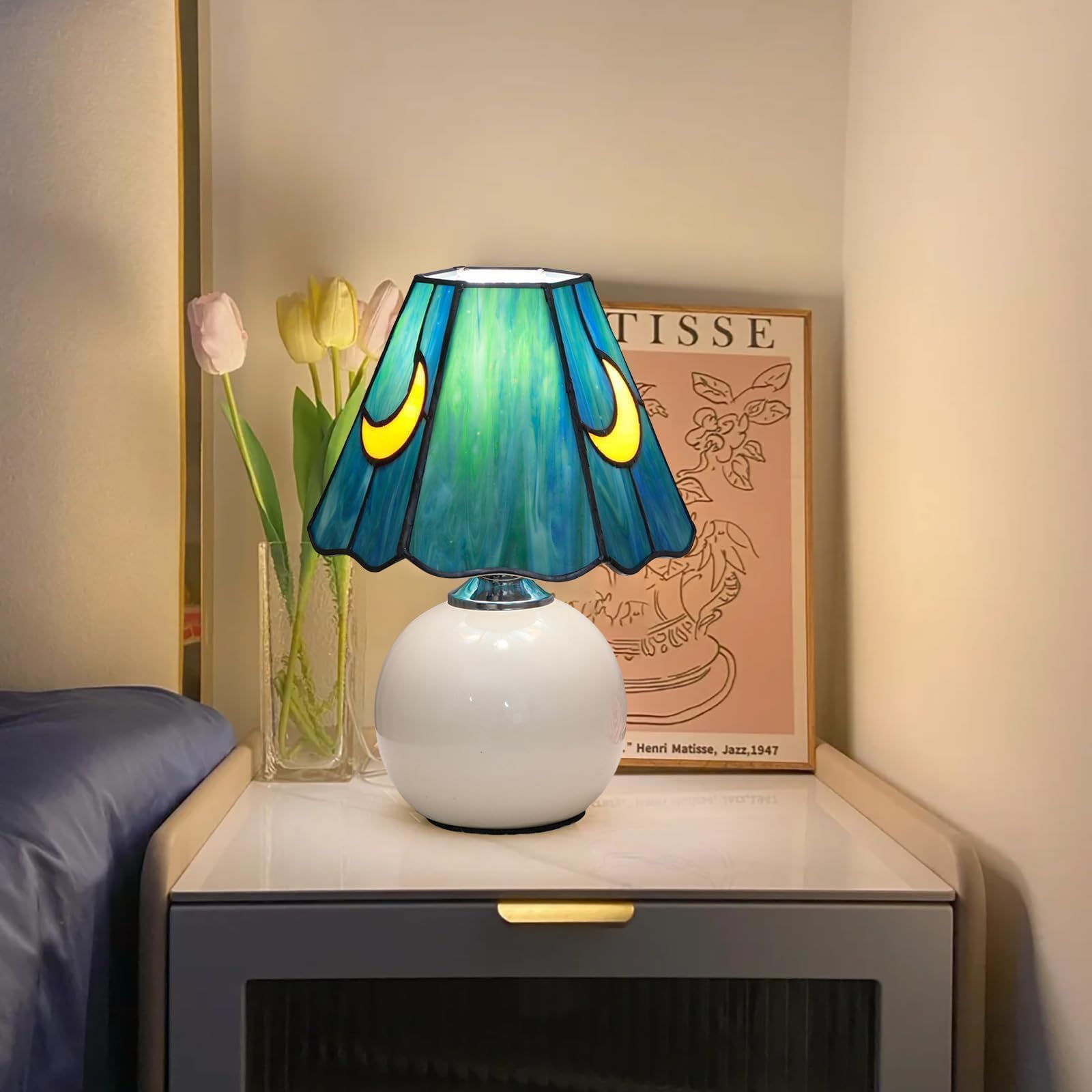 Tiffany-Lampe, Buntglas-Tischlampe, Pilz, Mond, niedlich, klein, Nachttischlampen für Wohnzimmer, Heimdekoration, einzigartige ästhetische Wohnzimmer-Dekoration, Mädchen, Meerblau