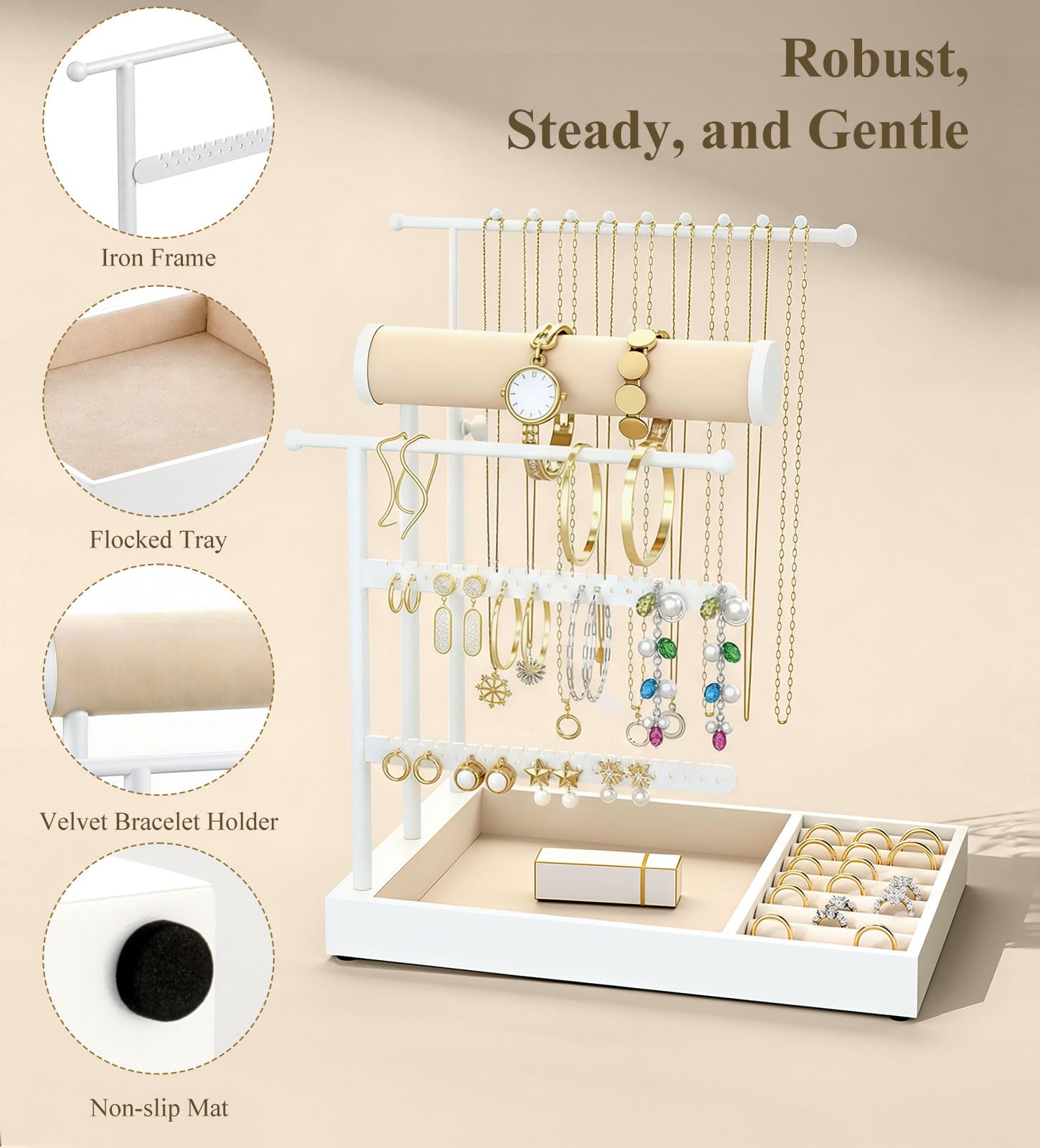 Emibele Sostenedor Collares Organizador Joyero Soporte Con Bandeja Terciopelo Organizador Joyero Torre Para Pendientes Brazaletes Y Collares Elegante Torre Joyero Regalos Para Mujeres, Blanco