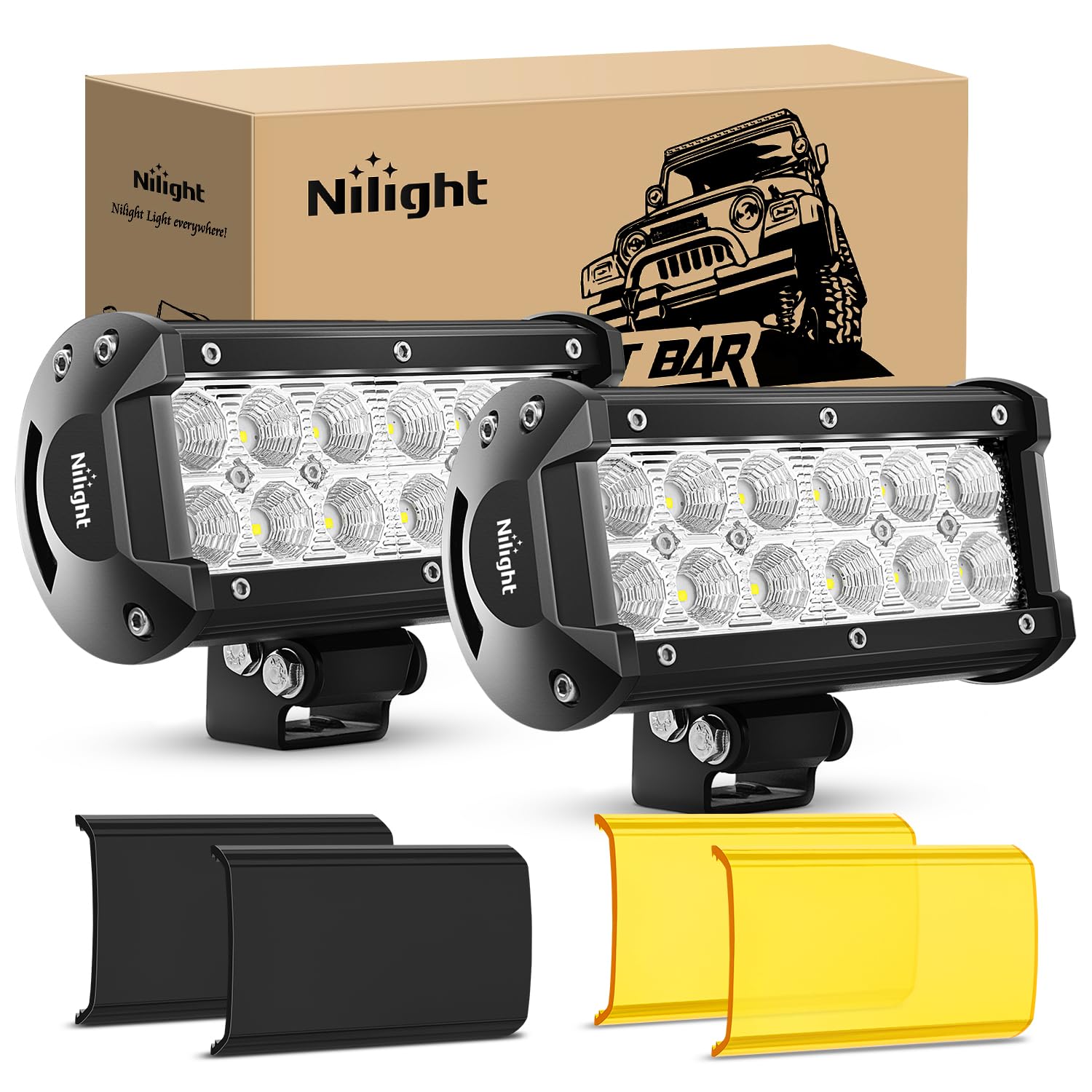 Nilight LED Light Bar with Amber/Black Covers 2 PCS 36 W 6.5 Inch Flood Off Road Lights Super Bright Driving Fog Boat Lighting Pods for Trucks Pickup