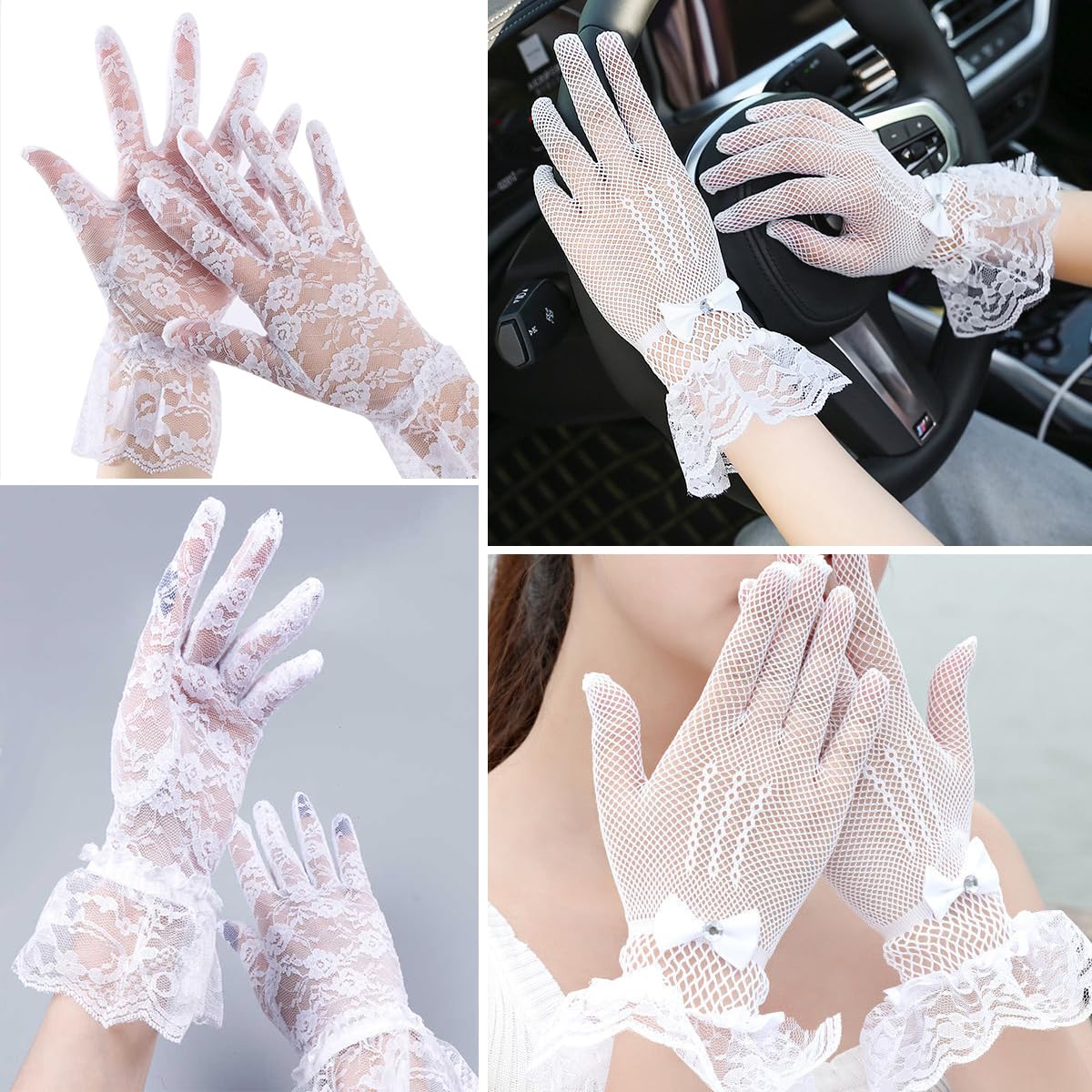 Witte eleganckie rękawiczki damskie, 4 pary, krótkie rękawiczki damskie, siateczkowe, styl vintage, kwiatowe, dla panny młodej, na wesele, kolację, koktajl, do kostiumu z lat 50, biały, jeden rozmiar