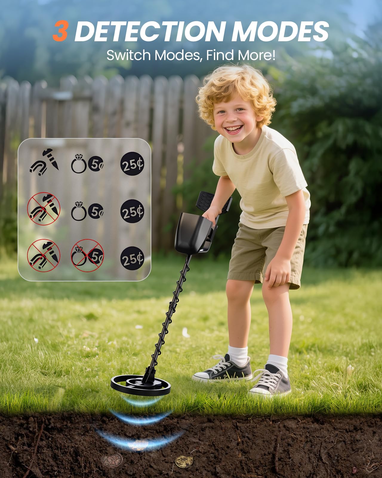 Metal detector ricaricabile per bambini, bobina impermeabile ad alta precisione da 8 pollici con modalità disco e stelo regolabile, rilevatore d'oro leggero da 0,9 kg, per caccia al tesoro