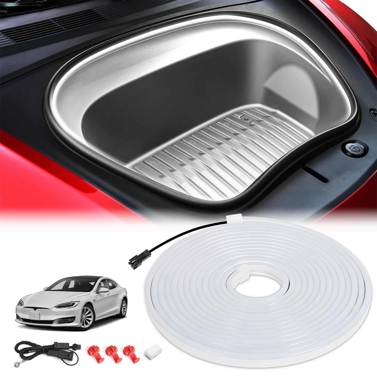 FICOLPO Ambient Led Trunk Lights for Tesla 2021-2023 Model 3 Model Y Front Interior Frunk Lightning String for Neon Atmosphere - Compatible with Tesla Accessories (White)