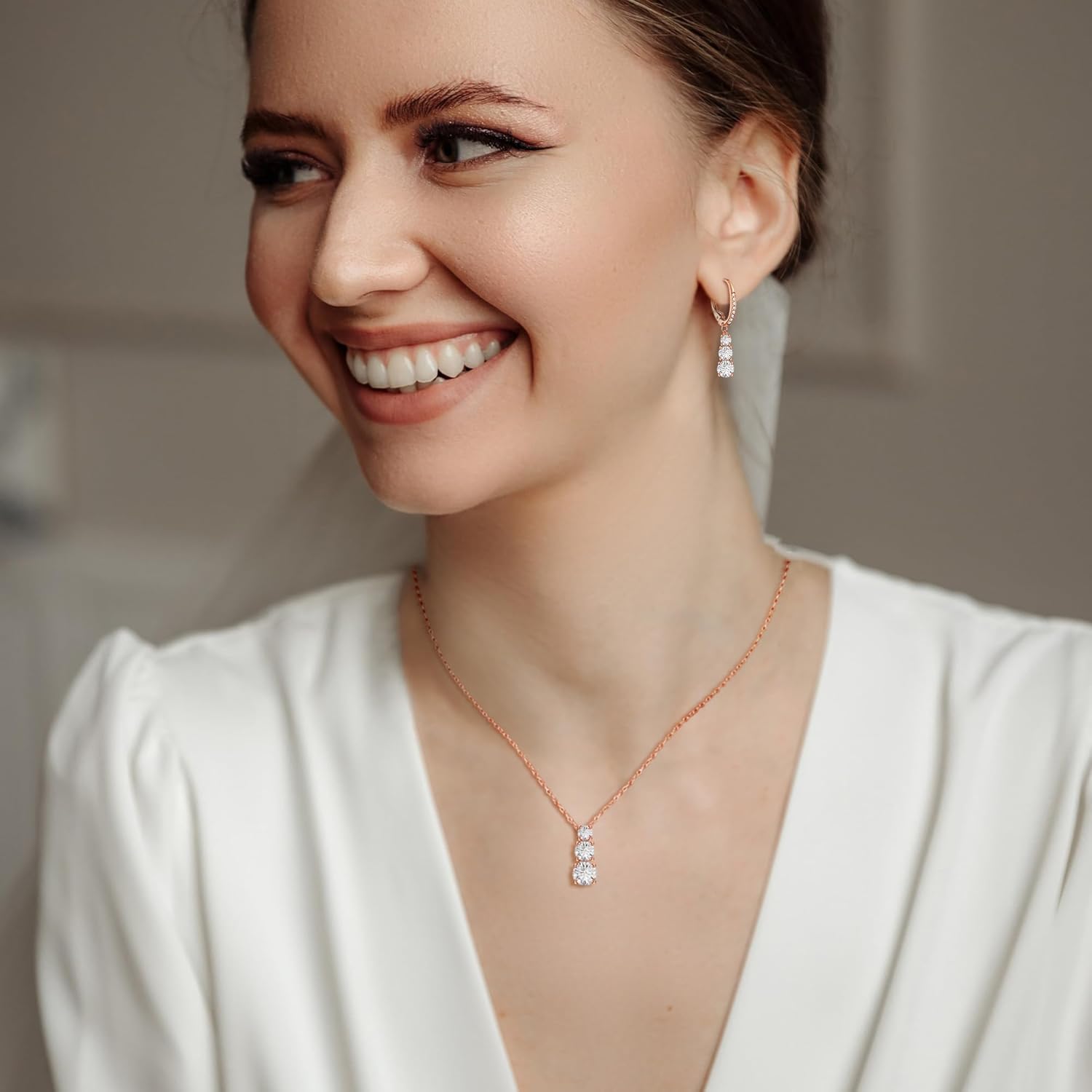 Crysdue Cubic Zirconia Jewelry Set for Women Bridesmaid, Classic Round Cut Drop Lightweight Lever Back Earrings Pendant Necklace Tennis Bracelet for Wedding Prom Party