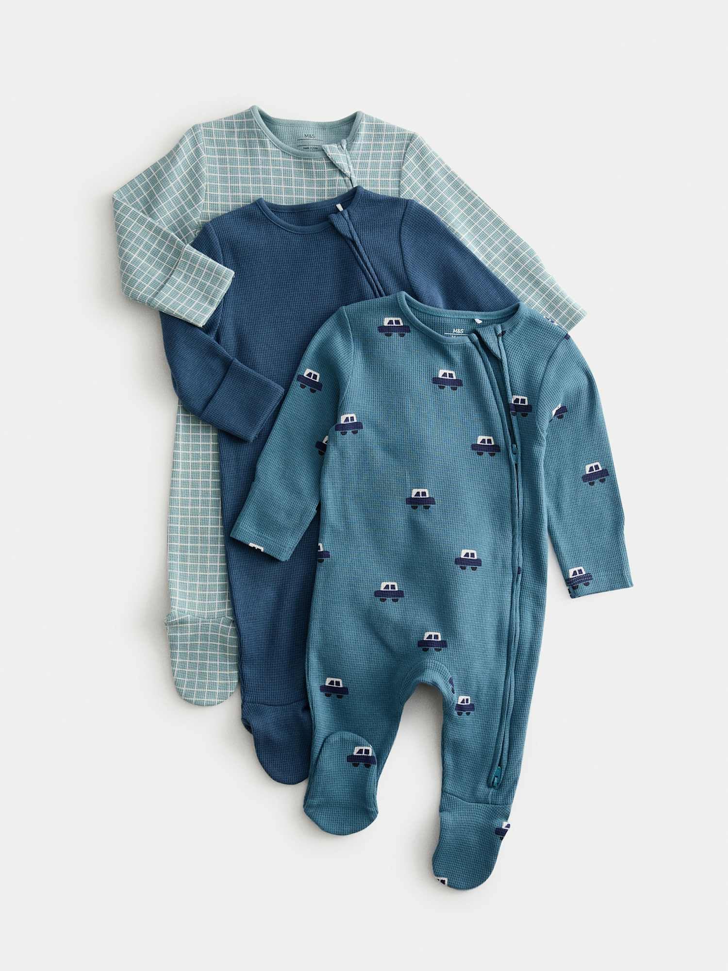 Marks & Spencer Pijamas Enterizos Estampados de Algodón Puro con Estampado de Coches para Bebé Niño Pack de 3, Antideslizantes