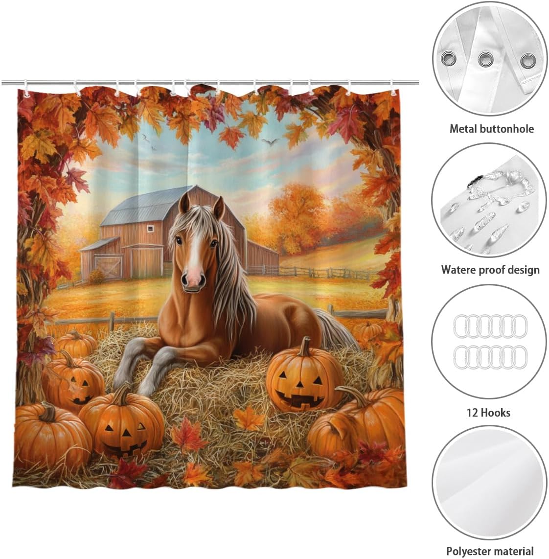 Fall Harvest Horse Shower Curtain Funny Autumn Pumpkin Maple Leaves Farmhouse Barn Country Scenery Bath Bathroom Accessories Decor with Hooks 72W x72L