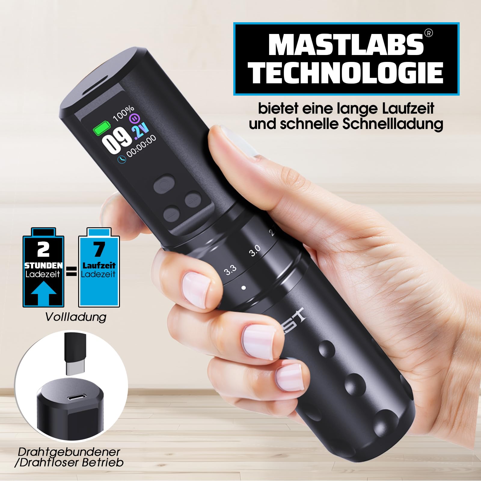 Mast Fold2 Pro Kabellose Tattoo Maschine Pen Rotary Tätowiermaschine Tattoo Gun 7 Strokes Length 2000mAh Batterie Powerful Motor by Mcore Smart Display Screen für Pro Artists Golden