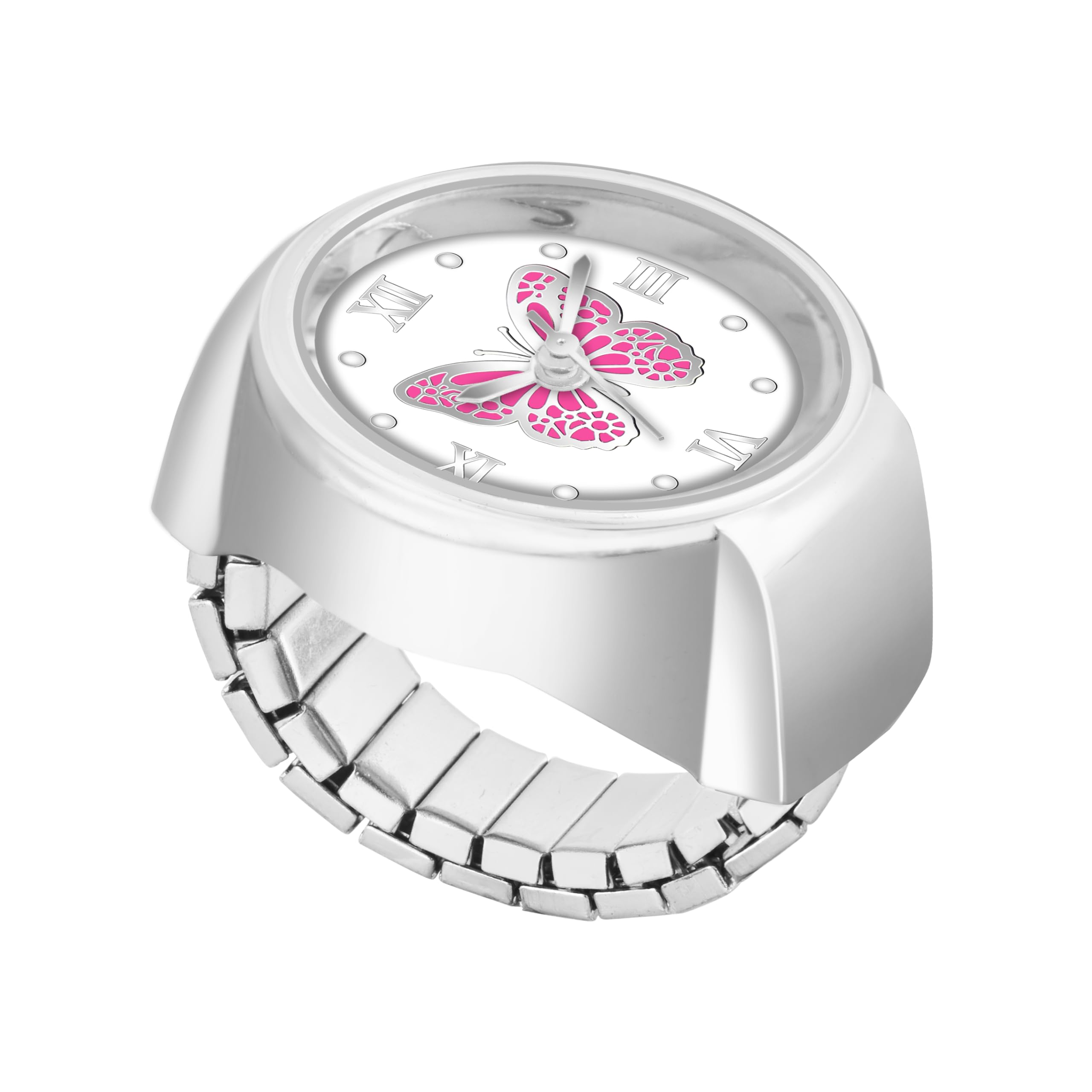 Silver Pink Butterfly Analog Fashion Stainless Steel Ladies Ring Watch for Women -W125-image-48