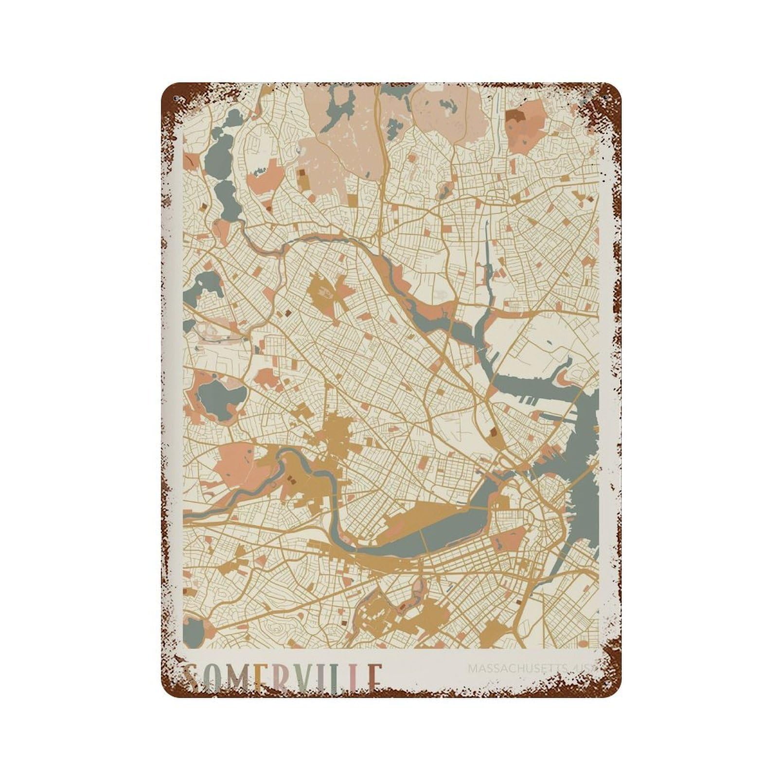 xiaoxiaoshen Somerville Map Massachusetts Travel Gift Boho Wall Decor Art Metal Tin Poster Modern Home Decor Art Home Bar Shop Decorations Vintage Sign 40x30cm