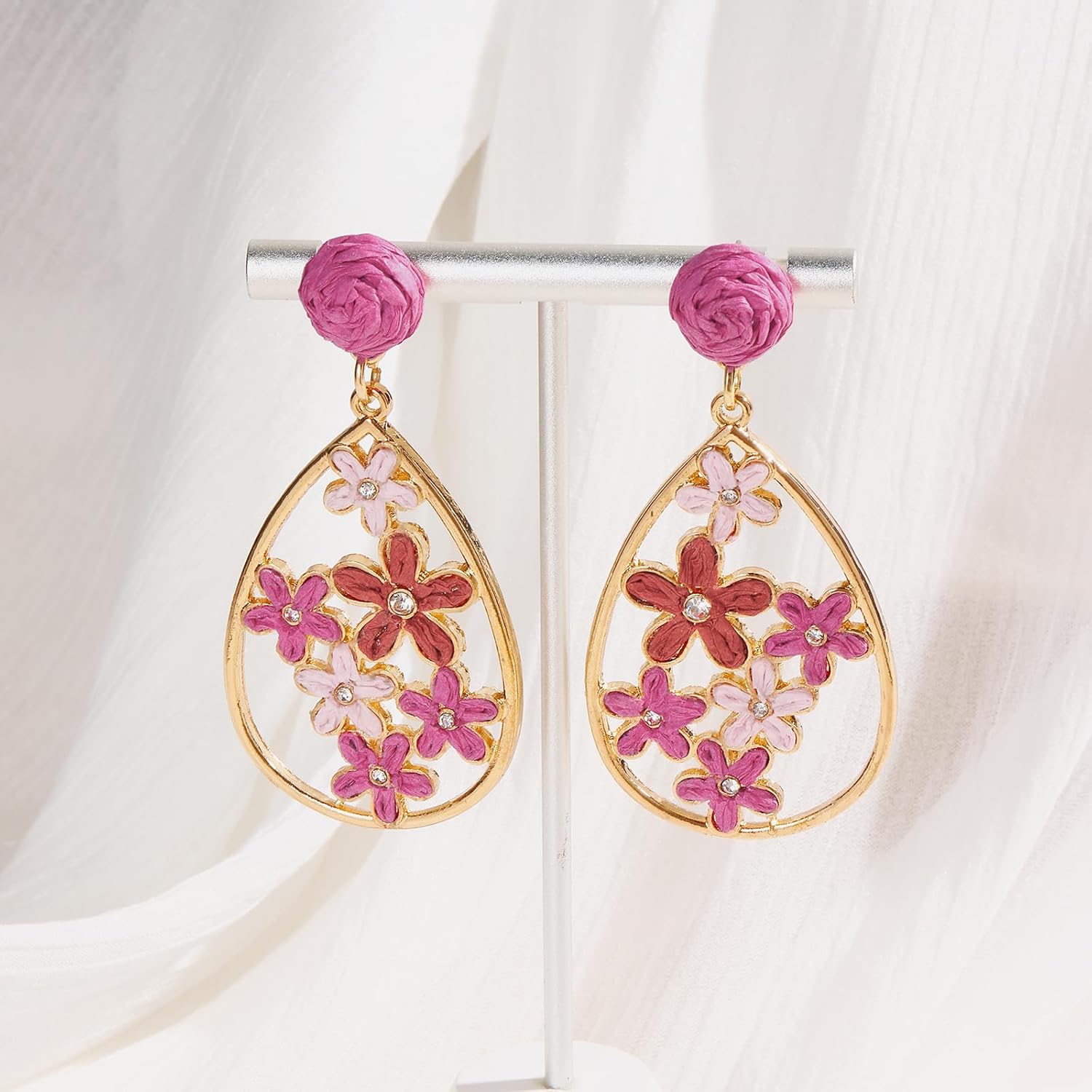 Coiris Raffia Flower Earrings for Women Boho Floral Teardrop Hollow Dangle Earrings Cute Trendy Summer Tropical Drop Earrings Beach Jewelry for Women - Image 3