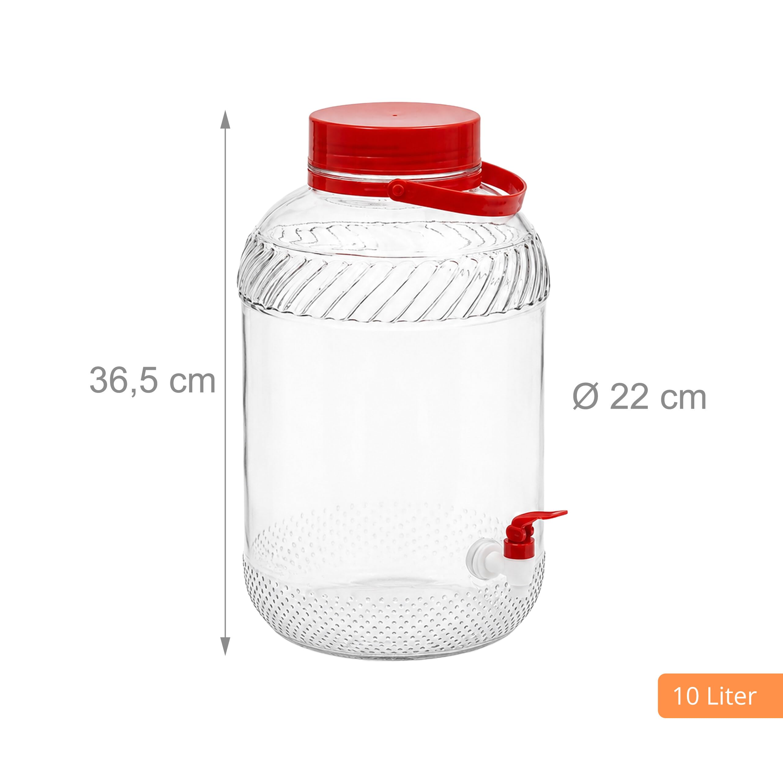 Relaxdays distributore Bevande 10 L in Vetro, per Bevande Fredde, con Rubinetto, Coperchio e Manico, Trasparente/Rosso