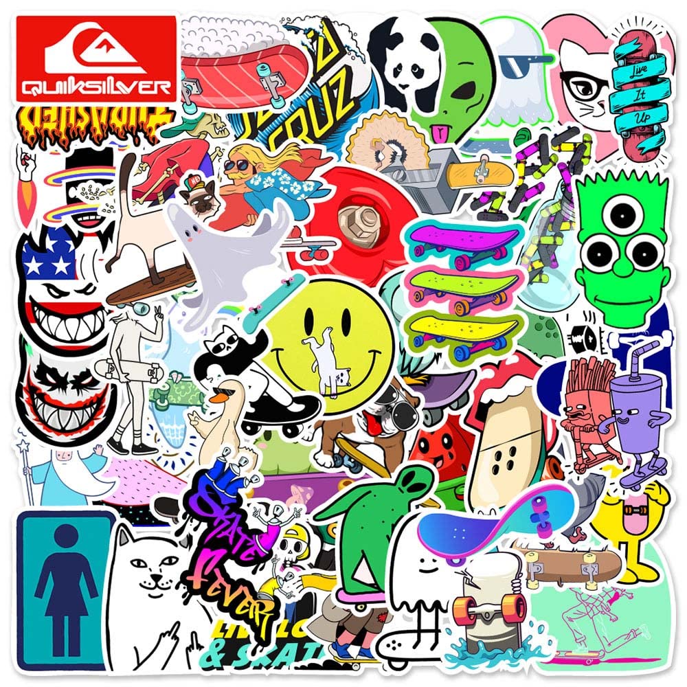 Barisc Vinyl Stickers of Skateboarding, Cool Skate Decals for Skateboard Laptop Computer Pad Mobile Phone Luggage Case Car Bumper, Skating Sticker 50-Pack for Fans Kids Teens Adults