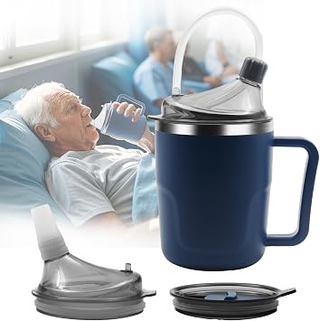 Adult Spill Proof Cup for Elderly, 3 in 1 Stainless Steel Sippy Cup with Straw and 2 Lids, Suitable for Seniors Disabled Patients Limited Mobility, 14 OZ