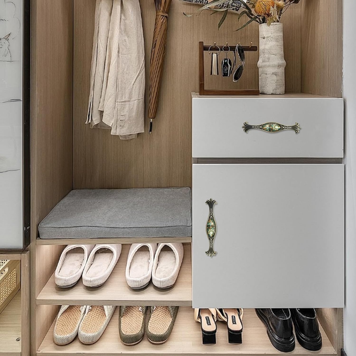 Wealrit 2 Pcs European Antique Drawer Pulls Bronze Arch Cabinet Pulls with Stained Glass Pattern Vintage Metal Dresser Handles Decorative Furniture Pulls 96mm Hole Center