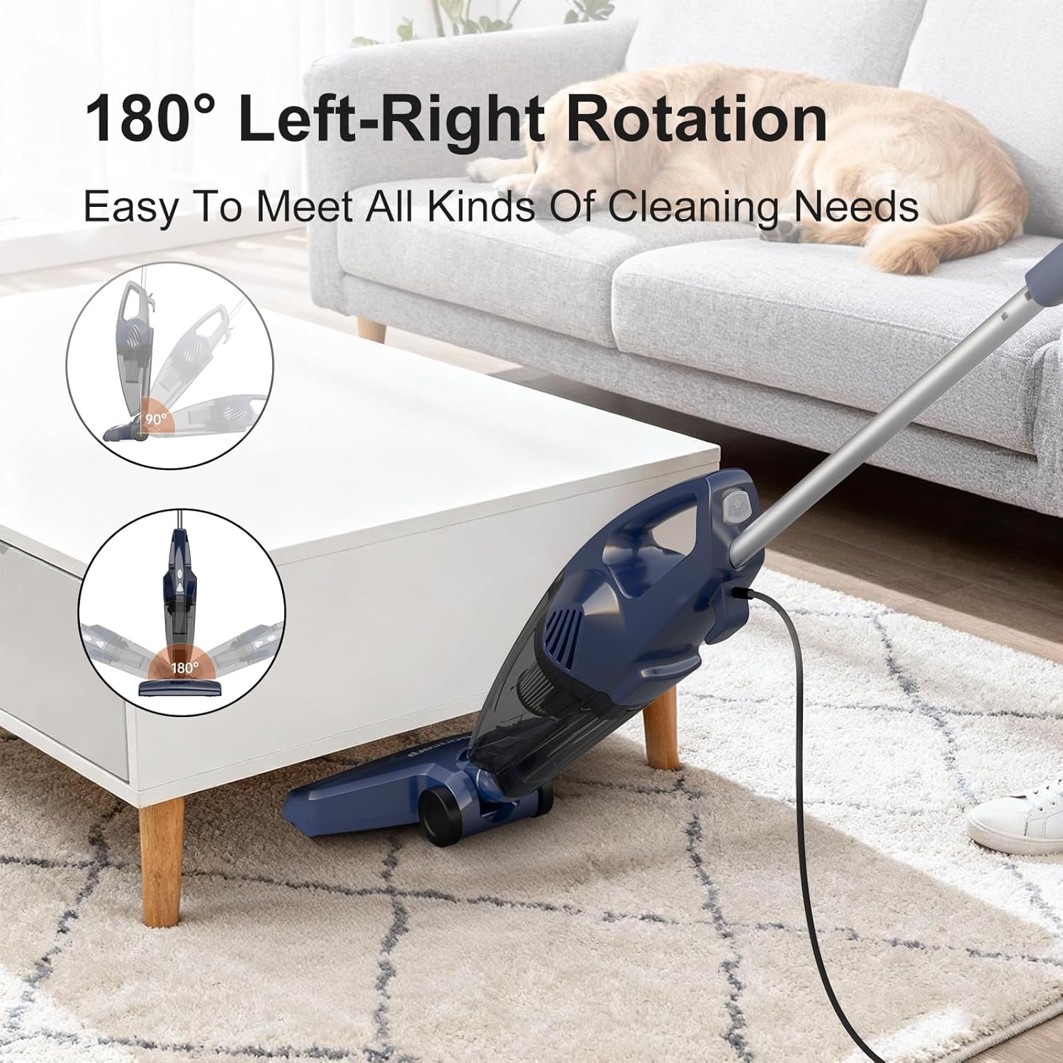 Corded Stick Vacuum for Pet Hair & Hard Floors - Lightweight, 3-in-1 Handheld with 180°Left-Right Steering, 14KPA Powerful Suction on Low-Pile Carpet, HEPA Filter, 16.4ft Cord, 0.7L Capacity (VA001) - Image 5